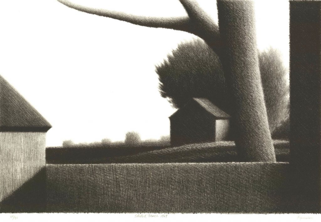 Photo courtesy of The Artist Book Foundation (Robert Kipniss, Sheds and Fence, 1969, lithograph, 12 x 18 inches, on view at The Artist Book Foundation gallery)